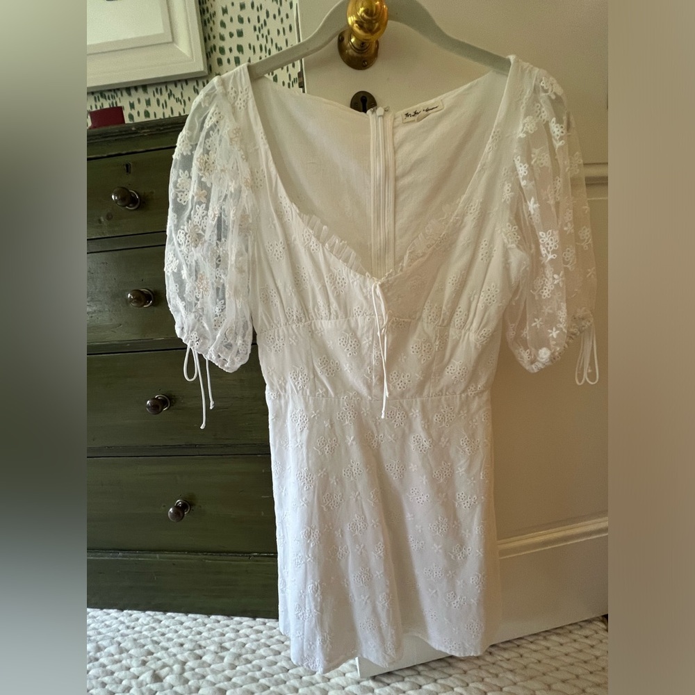 For Love and Lemons white dress with mesh sleeves